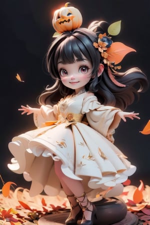 chibi, a cute harvest demon queen, smiling, dramatic floating pose, floating in the air, glowing dress, orange leaves floating around the dress, patent leather PLATFORM pumps, nighttime, glowing pumpkins, night harvest field, 8k, detailed, cinematic, dramatic lighting, warm colors, fantasy, digital art, hyper realistic, ethereal, elegant, dynamic, mystical, intricate details, full moon at background, xuer Luxury brand fashion, 
