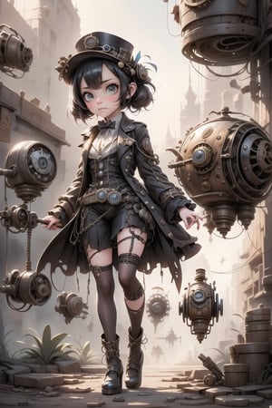 a cute girl ((disgusted look)), pumps, fixing gears, steampunk flying machine, steampunk art style