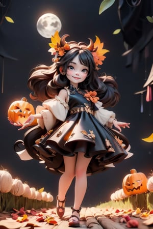 chibi, a cute harvest demon queen, smiling, dramatic floating pose, floating in the air, glowing dress, orange leaves floating around the dress, footwear patent leather flats, nighttime, glowing pumpkins, night harvest field, 8k, detailed, cinematic, dramatic lighting, warm colors, fantasy, digital art, hyper realistic, ethereal, elegant, dynamic, mystical, intricate details, full moon at background, xuer Luxury brand fashion, 
