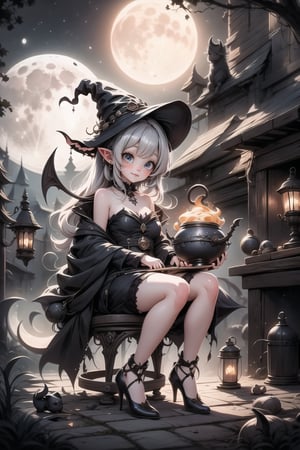 a cute horned witch using a cauldron, red strapless shirt, stockings, pumps, haunted place at night, night, moon