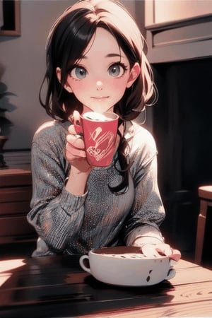 a girl wearing a pijama, drinking hot chocolate