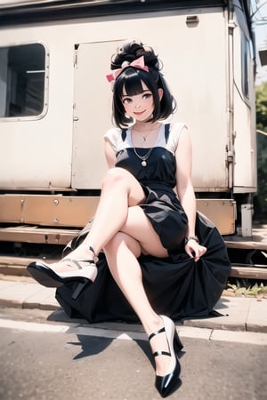 1girl smiling, black hair, hairbow, white round_toe Mary_janes pumps,