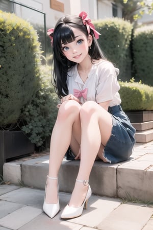 1girl smiling, black hair, hairbow, white round_toe Mary_janes pumps,