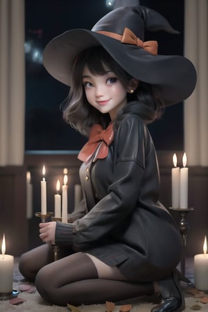  cute girl smiling, pumps, halloween costume, candles, at night