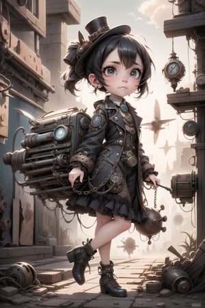a cute girl ((disgusted look)), pumps, art workshop, steampunk flying machine, steampunk art style