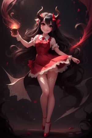 a (horned demon girl) smiling, wearing a lace cloth dress, black hair, red smokey eyes makeup, (hair bow), stockings, pumps, dramatic magic floating pose, (full body), sfw
