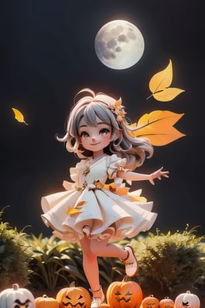 chibi, a cute harvest demon queen, smiling, dramatic floating pose, floating in the air, glowing dress, orange leaves floating around the dress, footwear patent leather flats, nighttime, glowing pumpkins, night harvest field, 8k, detailed, cinematic, dramatic lighting, warm colors, fantasy, digital art, hyper realistic, ethereal, elegant, dynamic, mystical, intricate details, full moon at background, xuer Luxury brand fashion, 
