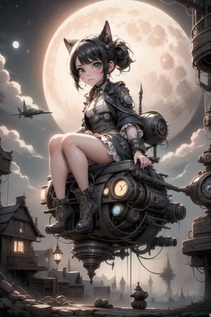 a cute girl ((disgusted look)), pumps, sitting on a flying machine, night scene, at night, moon, steampunk art style