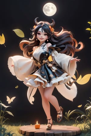 chibi, a cute harvest demon queen, smiling, dramatic floating pose, floating in the air, glowing dress, orange leaves floating around the dress, footwear patent leather flats, nighttime, glowing pumpkins, night harvest field, 8k, detailed, cinematic, dramatic lighting, warm colors, fantasy, digital art, hyper realistic, ethereal, elegant, dynamic, mystical, intricate details, full moon at background, xuer Luxury brand fashion, 
