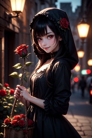  a cute small goth girl smiling, flower, solo, basket, little black dress, holding flower, hood, holding a red rose, looking at viewer, red eyes, blurry, dress, cosplay, bangs, blurry background, frills, depth of field, red rose, at night