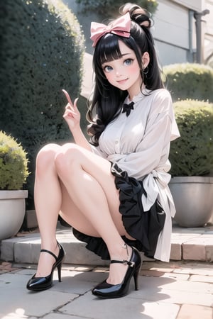 1girl smiling, black hair, hairbow, white round_toe Mary_janes pumps,