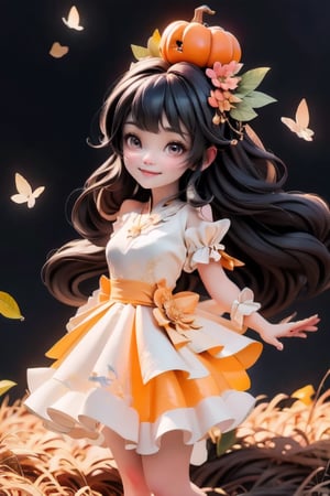 chibi, a cute harvest demon queen, smiling, dramatic floating pose, floating in the air, glowing dress, orange leaves floating around the dress, patent leather PLATFORM pumps, nighttime, glowing pumpkins, night harvest field, 8k, detailed, cinematic, dramatic lighting, warm colors, fantasy, digital art, hyper realistic, ethereal, elegant, dynamic, mystical, intricate details, full moon at background, xuer Luxury brand fashion, 
