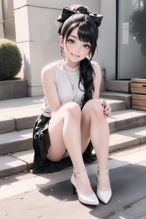 1girl smiling, black hair, hairbow, white round_toe Mary_janes pumps,