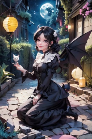 a demon_girl smiling, wings, color (pumps), (nylons), kneeling, light creatures floating as lanterns, victorian greenhouse at night, nighttime, night scenery, creepy ambient, gothic art style, lanterns, starryscene