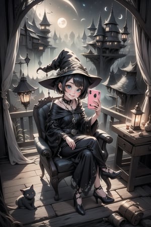 a cute witch smiling sitting on an armchair, pumps, taking a selfie from above, haunted palace at night, (night scene), 