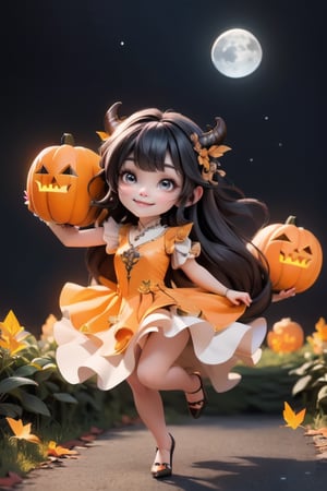 chibi, a cute harvest demon queen, smiling, dramatic floating pose, floating in the air, glowing dress, orange leaves floating around the dress, patent leather pumps, nighttime, glowing pumpkins, night harvest field, 8k, detailed, cinematic, dramatic lighting, warm colors, fantasy, digital art, hyper realistic, ethereal, elegant, dynamic, mystical, intricate details, full moon at background, xuer Luxury brand fashion, 
