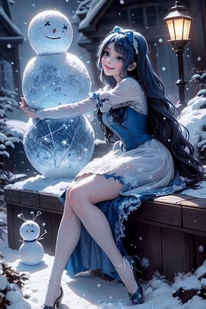 masterpiece, best quality, a frist witch smiling, blue hair, hair bow, crystal cloth dress, tights, pumps, hugging a giant snowman, (falling snow), frozen garden at night, (night lamps)