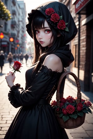  a goth girl, flower, solo, basket, little black dress, holding flower, hood, holding a red rose, looking at viewer, red eyes, blurry, dress, cosplay, bangs, blurry background, frills, depth of field, red rose