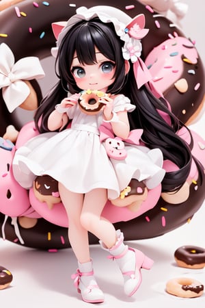 a delicate chibi girl eating a giant donut, black hair, hair accesories donuts, donuts theme dress, pumps, kawaii style, donuts land at background