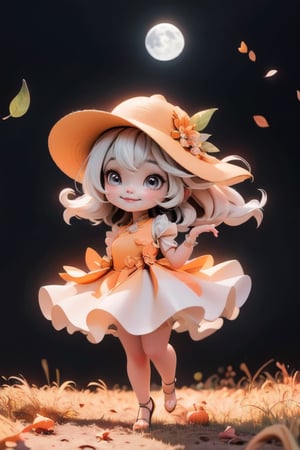 chibi, a cute harvest demon queen, smiling, dramatic floating pose, floating in the air, glowing dress, orange leaves floating around the dress, patent leather pumps, nighttime, glowing pumpkins, night harvest field, 8k, detailed, cinematic, dramatic lighting, warm colors, fantasy, digital art, hyper realistic, ethereal, elegant, dynamic, mystical, intricate details, full moon at background, xuer Luxury brand fashion, 
