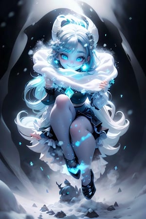 masterpiece, best quality, a snow horned demon smiling, blue lips, blue hair, intense blue smokey eyes makeup, (snow material) clothing, (crystal) hair bow, crop shirt, sheer draped skirt, (white) tights, ((black pumps)), playing with the snow, frozen magical garden (at night), magic lights floating around, (falling snow), photoshoot, dynamic pose, angle from below,plastican00d