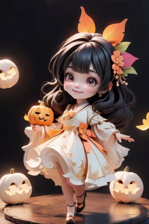 chibi, a cute harvest demon queen, smiling, dramatic floating pose, floating in the air, glowing dress, orange leaves floating around the dress, patent leather PLATFORM pumps, nighttime, glowing pumpkins, night harvest field, 8k, detailed, cinematic, dramatic lighting, warm colors, fantasy, digital art, hyper realistic, ethereal, elegant, dynamic, mystical, intricate details, full moon at background, xuer Luxury brand fashion, 
