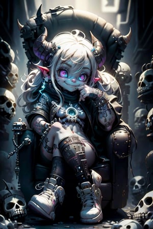 masterpiece, best quality, a cyberpunk horned demon smiling, sitting on a armchair made with skulls, white pumps,
