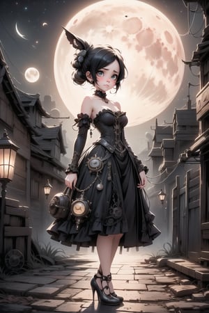 a cute girl ((disgusted look)), pumps, wearing a stempunk strapless dress, night scene, at night, moon, steampunk art style