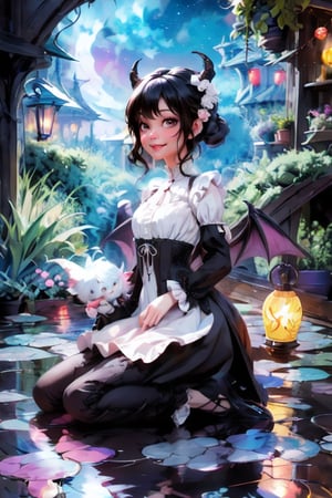 a winged demon_girl smiling, color (pumps), (nylons), kneeling, light creatures floating as lanterns, victorian greenhouse at night, nighttime, night scenery, creepy ambient, gothic art style, lanterns, starryscene