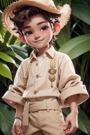 masterpiece, best quality, detailed face, detailed eyes, a boy smiling, beige pants, beige shirt, sarape, sandals