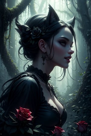 masterpiece, HDR, portrait, (((ironic style))), a witch in a mystical,black cat, fairy-tale, mysterious forest, hunger, gothic views, vampiress,laughs, horrifying, fog, haze, gloomy down, grim, gargoyles, a vine of roses, covered in roses,Magical Rose,Around the magic ,roses surrounds ,magic rod,Magical rose, incantation, mantra, (intricate details), (hyperdetailed), 