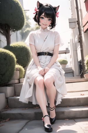 1girl smiling, black hair, hairbow, white round_toe Mary_janes pumps,