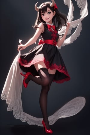 a (horned demon girl) smiling, wearing a lace cloth dress, black hair, red smokey eyes makeup, (hair bow), stockings, pumps, dramatic magic floating pose, (full body), 