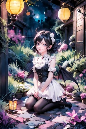 a kawaii winged demon_girl smiling, color (pumps), (nylons), kneeling, light creatures floating as lanterns, victorian greenhouse at night, nighttime, night scenery, creepy ambient, gothic art style, lanterns, starryscene