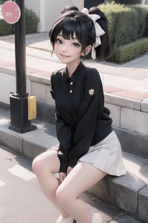 1girl smiling, black hair, hairbow, white round_toe Mary_janes pumps,