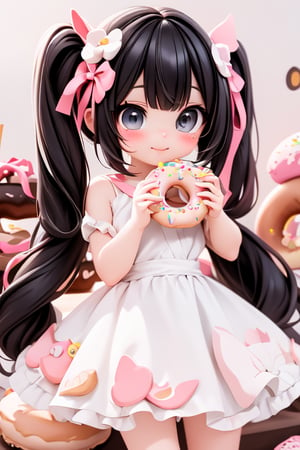 a delicate chibi girl eating a giant donut, black hair, donuts hair accesories, donuts theme dress, pumps, kawaii style, candy_land at background