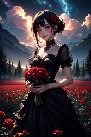 (masterpiece, best quality), a cute goth girl smiling, flower, solo, goth dress, holding red roses, night sky, cloud, outdoors, bangs, bouquet, rose, blush, flower field, red flower, black goth dress, looking at viewer, midium hair, holding flower, small breasts, red rose, holding bouquet, epth of field,