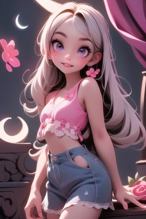 a vampire girl, (showing fang), white hair, purple eyes, glowing eyes, lace crop top, skirt, parted lips, blush, night, flowers, moon