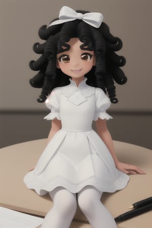 masterpiece, top quality, highly detailed, cute, a (((small girl))), (((blak hair))), (((curly hair))), white dress, white puffy sleeves shirt, white hair bow, white flats, doing homework, smiling