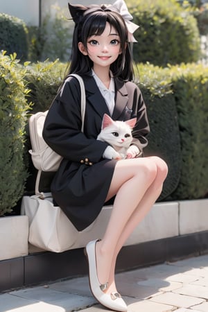 1girl smiling, black hair, hairbow, white round_toe Mary_janes pumps,