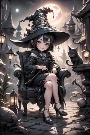 a cute witch smiling sitting on an armchair, pumps, grabbing her ankle, haunted palace at night, (night scene), ,plastican00d
