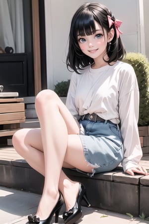 1girl smiling, black hair, hairbow, white round_toe Mary_janes pumps,