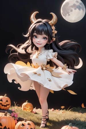 chibi, a cute harvest demon queen, smiling, dramatic floating pose, floating in the air, glowing dress, orange leaves floating around the dress, patent leather pumps, nighttime, glowing pumpkins, night harvest field, 8k, detailed, cinematic, dramatic lighting, warm colors, fantasy, digital art, hyper realistic, ethereal, elegant, dynamic, mystical, intricate details, full moon at background, xuer Luxury brand fashion, 
