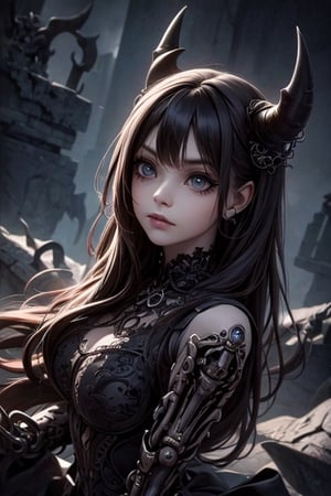 Gothic style style girl,devil,demons,detailed,mystery,Surrealist,biomechanical,airbrush,dark,Impressionist,Dark,mysterious,haunting,dramatic,ornate,detailed,