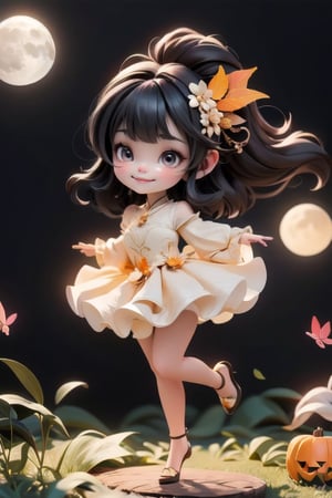 chibi, a cute harvest demon queen, smiling, dramatic floating pose, floating in the air, glowing dress, orange leaves floating around the dress, patent leather pumps, nighttime, glowing pumpkins, night harvest field, 8k, detailed, cinematic, dramatic lighting, warm colors, fantasy, digital art, hyper realistic, ethereal, elegant, dynamic, mystical, intricate details, full moon at background, xuer Luxury brand fashion, 
