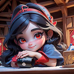 masterpiece, best quality, ((detailed face)), bright eyes, large eyelashes, detailed nose, a close up of a SnowWhite (disney) smiling, black hair, medium large hair, (((red diadem))), ((blue dress)), (((drinking red wine))), (((cottage indoor)), looking at viewer, dwarfs (disney) at the bottom,