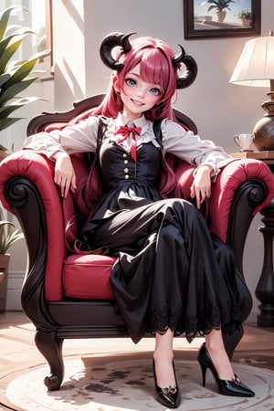 a cute vampire smiling sitting on an armchair, red horns, (Lolita pumps), 