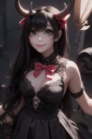 a clcose op of a (horned demon girl) smiling, wearing a lace cloth dress, black hair, red smokey eyes makeup, ((hair bow)), stockings, pumps, dramatic magic floating pose, (full body), sfw