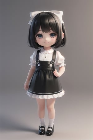 masterpiece, best quality, a cute chibi girl smiling, ((black)) hair, (((white pinafore dress))), (((short puffy sleeves shirt))), white hairbow, white socks, (((black))) mary jane pumps, school backpack, (((full body))),3D MODEL,3D