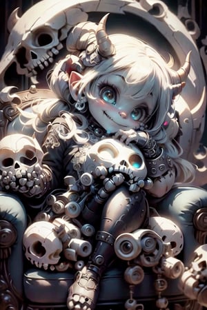 masterpiece, best quality, a biomechanical cute horned demon smiling, sitting on a armchair with the shape of a giant skull, white mary janes,